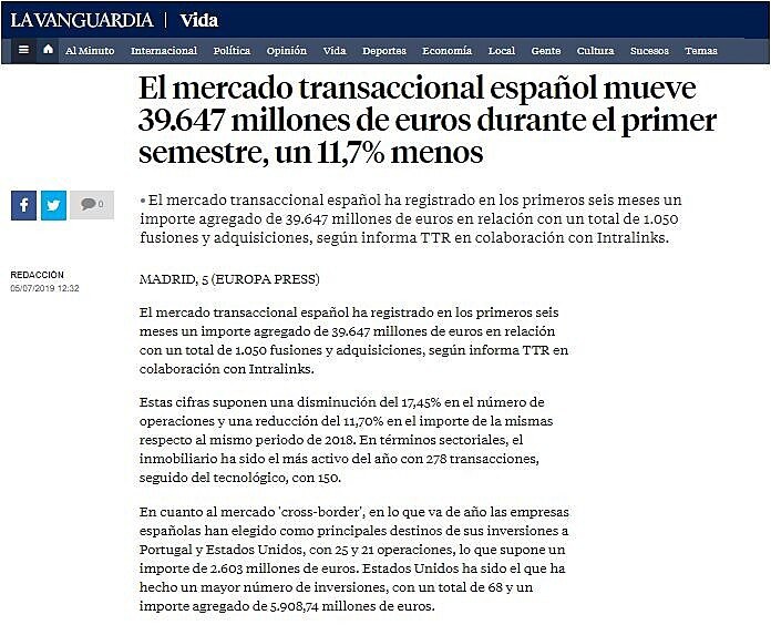 El mercado transaccional espaol mueve 39.647 millones de euros durante el primer semestre, un 11,7% menos